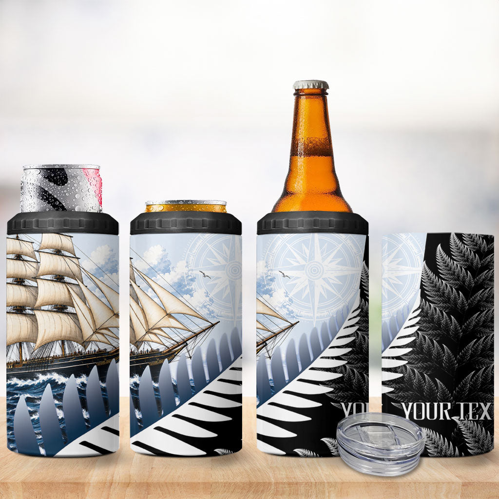 Personalised New Zealand Pakeha 4 in 1 Can Cooler Tumbler Kiwi Silver Fern and Sailing Ship Compass