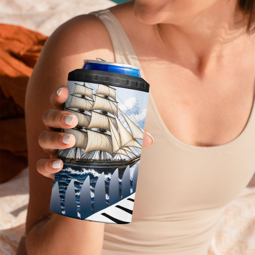 Personalised New Zealand Pakeha 4 in 1 Can Cooler Tumbler Kiwi Silver Fern and Sailing Ship Compass
