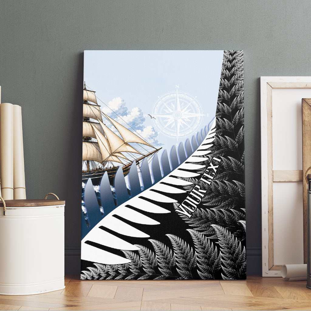 Personalised New Zealand Pakeha Canvas Wall Art Kiwi Silver Fern and Sailing Ship Compass