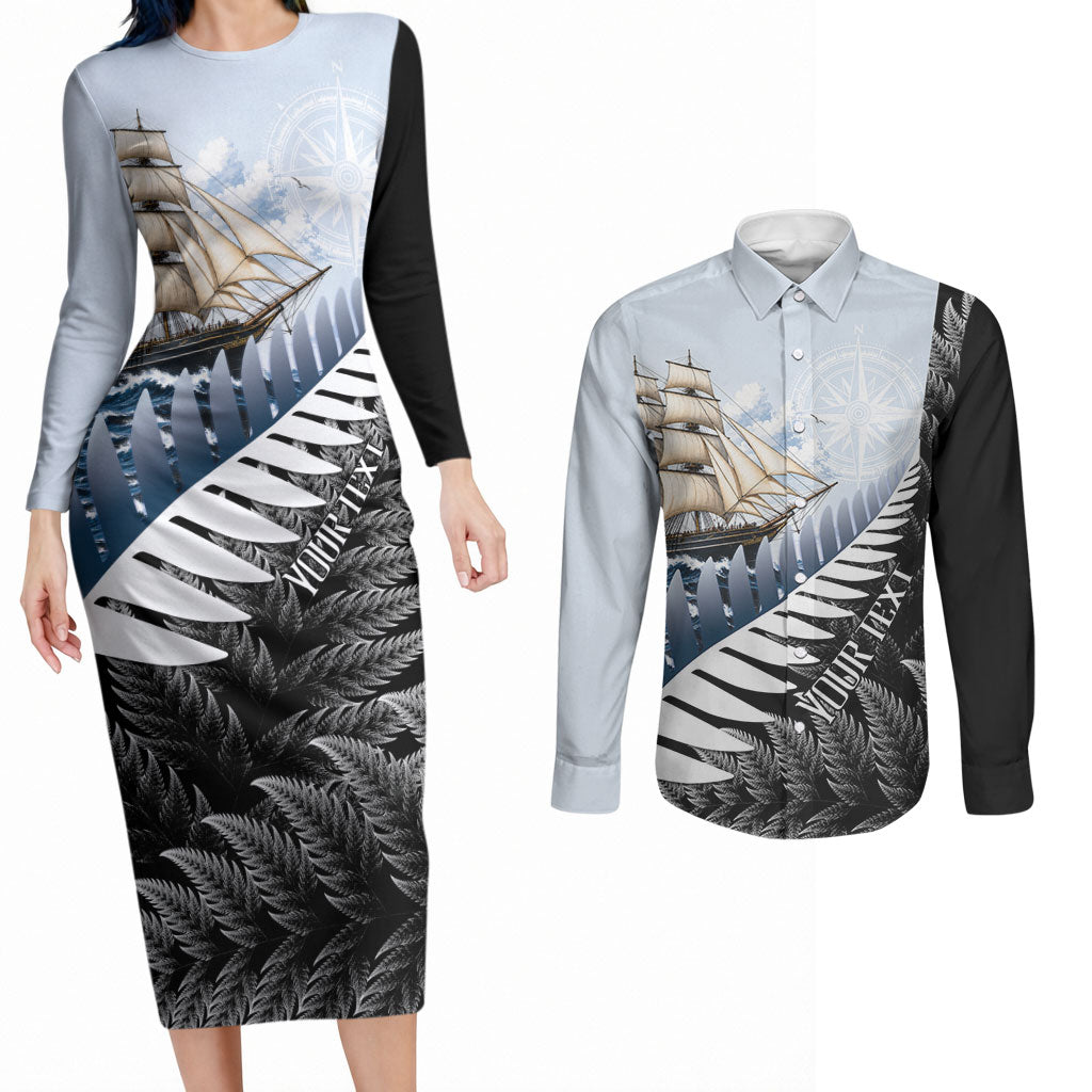 Personalised New Zealand Pakeha Couples Matching Long Sleeve Bodycon Dress and Long Sleeve Button Shirt Kiwi Silver Fern and Sailing Ship Compass
