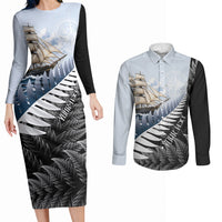 Personalised New Zealand Pakeha Couples Matching Long Sleeve Bodycon Dress and Long Sleeve Button Shirt Kiwi Silver Fern and Sailing Ship Compass