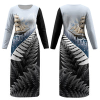 Personalised New Zealand Pakeha Couples Matching Long Sleeve Bodycon Dress and Long Sleeve Button Shirt Kiwi Silver Fern and Sailing Ship Compass