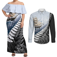 Personalised New Zealand Pakeha Couples Matching Off Shoulder Maxi Dress and Long Sleeve Button Shirt Kiwi Silver Fern and Sailing Ship Compass
