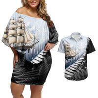 Personalised New Zealand Pakeha Couples Matching Off Shoulder Short Dress and Hawaiian Shirt Kiwi Silver Fern and Sailing Ship Compass