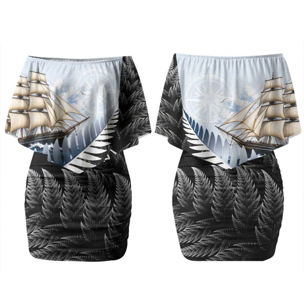 Personalised New Zealand Pakeha Couples Matching Off Shoulder Short Dress and Hawaiian Shirt Kiwi Silver Fern and Sailing Ship Compass