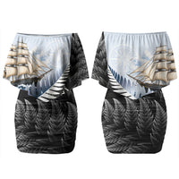 Personalised New Zealand Pakeha Couples Matching Off Shoulder Short Dress and Hawaiian Shirt Kiwi Silver Fern and Sailing Ship Compass