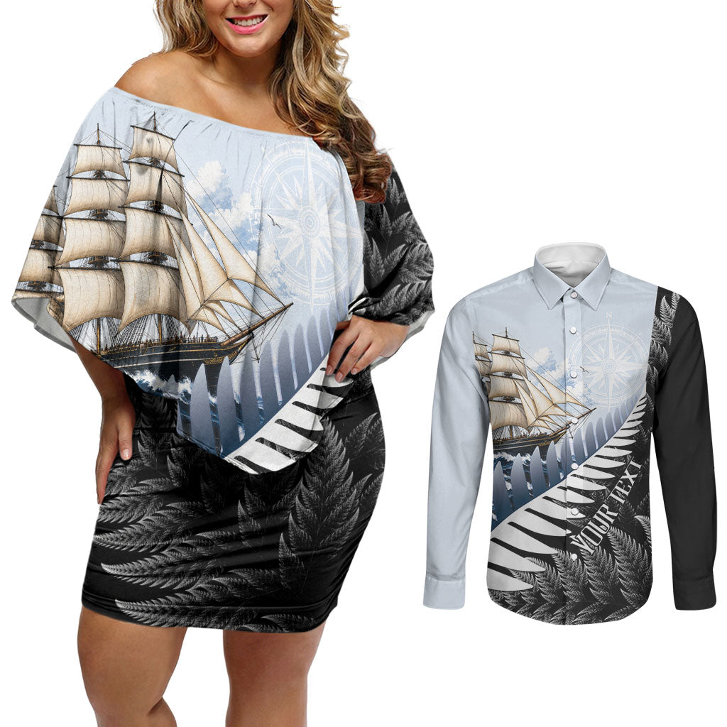 Personalised New Zealand Pakeha Couples Matching Off Shoulder Short Dress and Long Sleeve Button Shirt Kiwi Silver Fern and Sailing Ship Compass