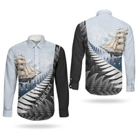 Personalised New Zealand Pakeha Couples Matching Off Shoulder Short Dress and Long Sleeve Button Shirt Kiwi Silver Fern and Sailing Ship Compass