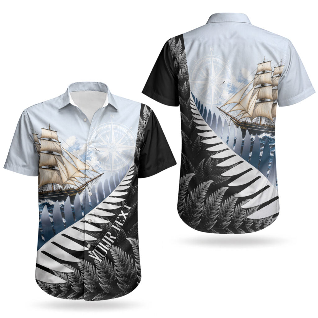 Personalised New Zealand Pakeha Couples Matching Puletasi and Hawaiian Shirt Kiwi Silver Fern and Sailing Ship Compass