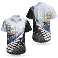 Personalised New Zealand Pakeha Couples Matching Puletasi and Hawaiian Shirt Kiwi Silver Fern and Sailing Ship Compass