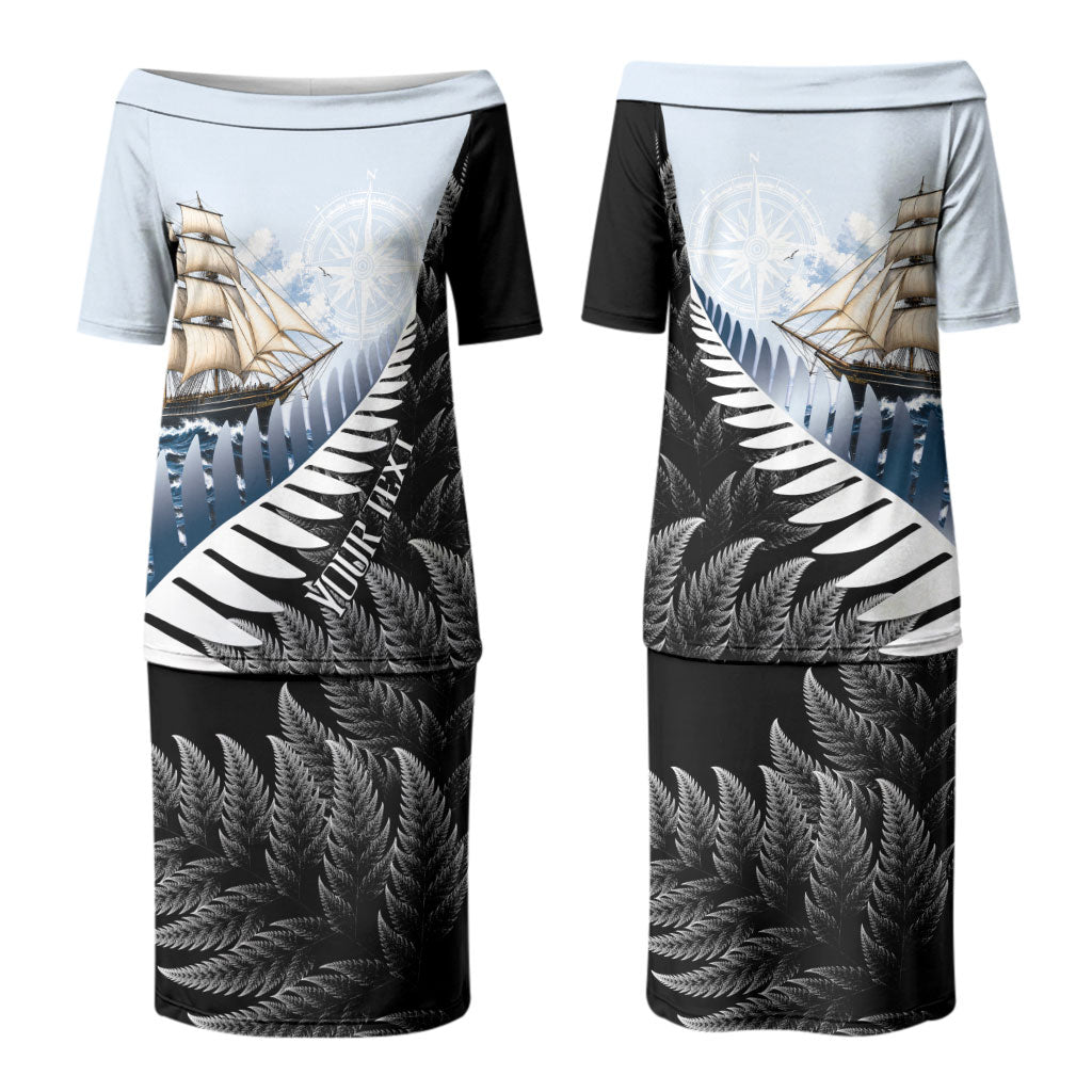 Personalised New Zealand Pakeha Couples Matching Puletasi and Hawaiian Shirt Kiwi Silver Fern and Sailing Ship Compass