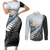 Personalised New Zealand Pakeha Couples Matching Short Sleeve Bodycon Dress and Long Sleeve Button Shirt Kiwi Silver Fern and Sailing Ship Compass