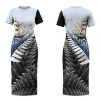 Personalised New Zealand Pakeha Couples Matching Short Sleeve Bodycon Dress and Long Sleeve Button Shirt Kiwi Silver Fern and Sailing Ship Compass