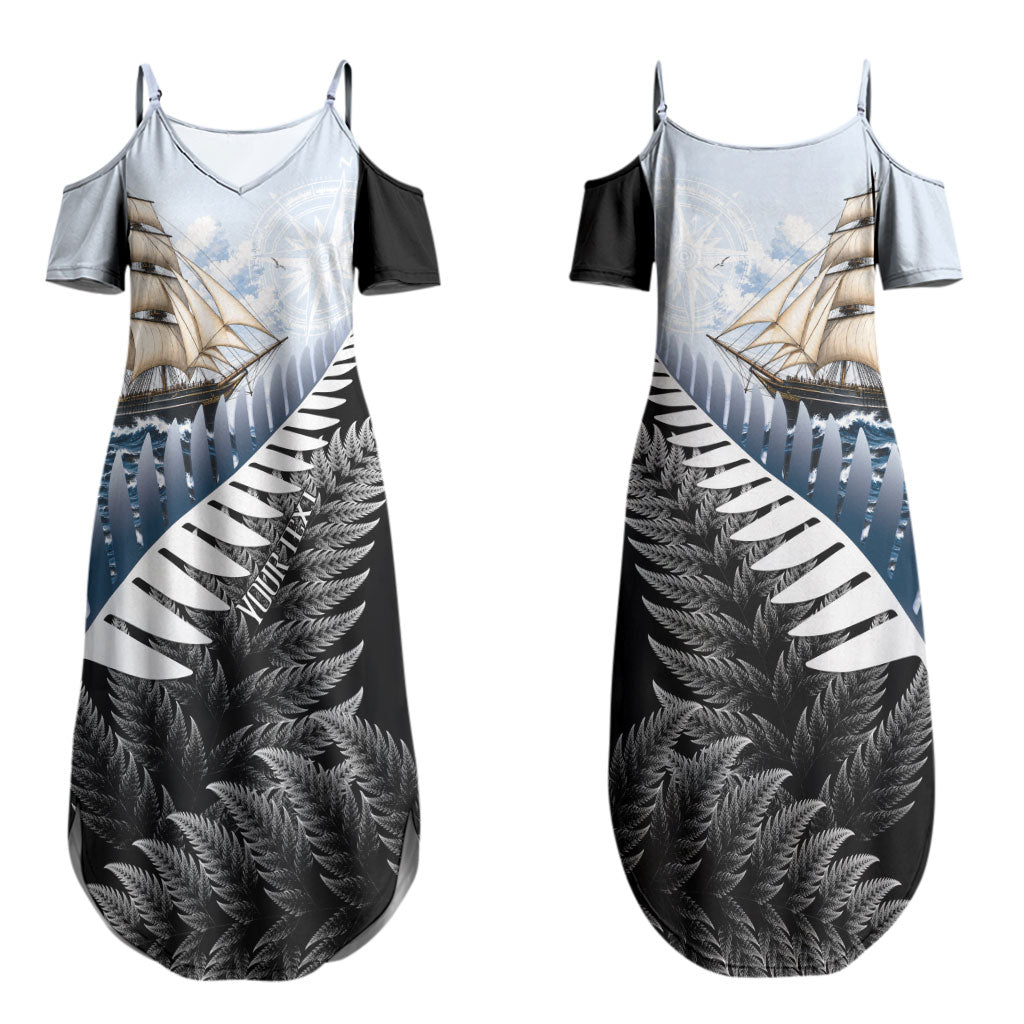 Personalised New Zealand Pakeha Couples Matching Summer Maxi Dress and Hawaiian Shirt Kiwi Silver Fern and Sailing Ship Compass