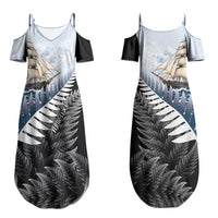 Personalised New Zealand Pakeha Couples Matching Summer Maxi Dress and Hawaiian Shirt Kiwi Silver Fern and Sailing Ship Compass