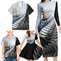 Personalised New Zealand Pakeha Family Matching Long Sleeve Bodycon Dress and Hawaiian Shirt Kiwi Silver Fern and Sailing Ship Compass