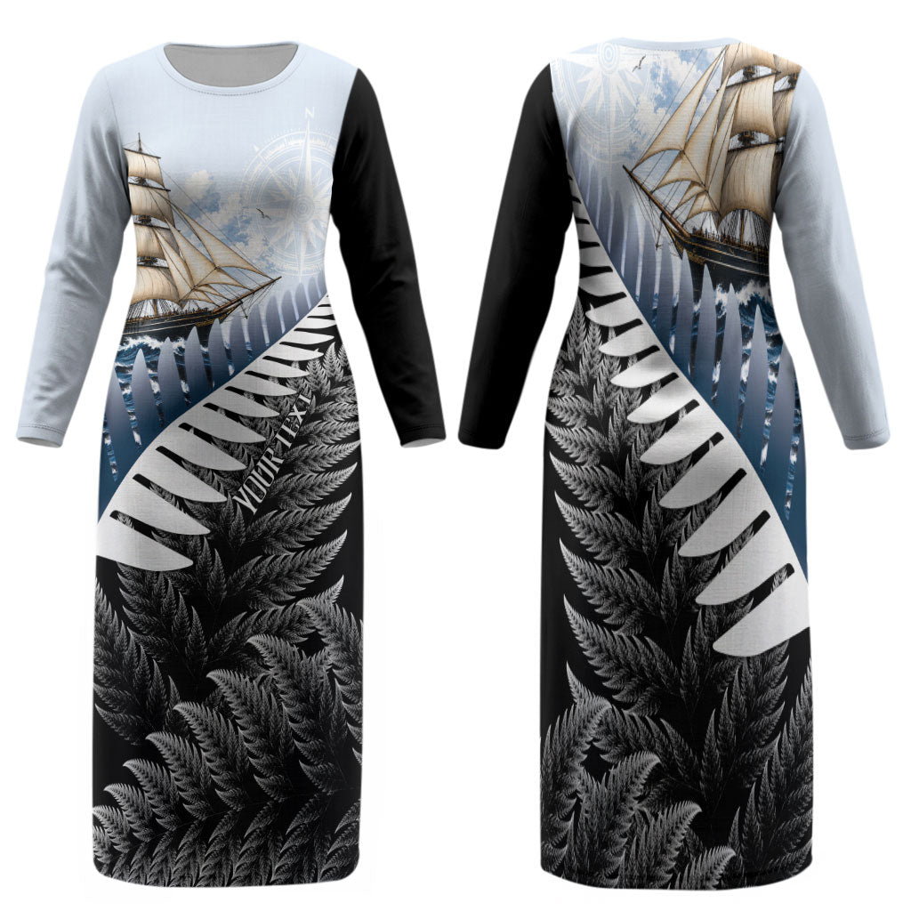 Personalised New Zealand Pakeha Family Matching Long Sleeve Bodycon Dress and Hawaiian Shirt Kiwi Silver Fern and Sailing Ship Compass