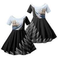 Personalised New Zealand Pakeha Family Matching Long Sleeve Bodycon Dress and Hawaiian Shirt Kiwi Silver Fern and Sailing Ship Compass
