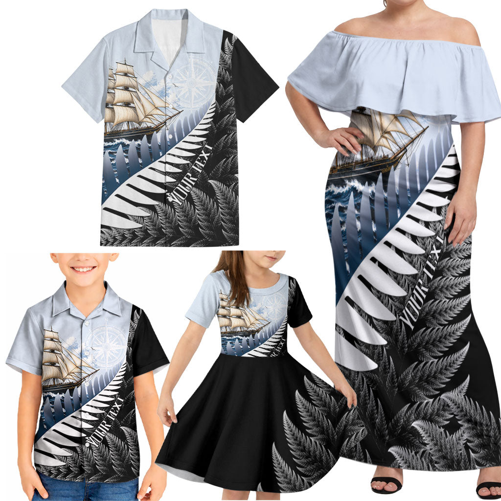 Personalised New Zealand Pakeha Family Matching Off Shoulder Maxi Dress and Hawaiian Shirt Kiwi Silver Fern and Sailing Ship Compass LT14 - Polynesian Pride
