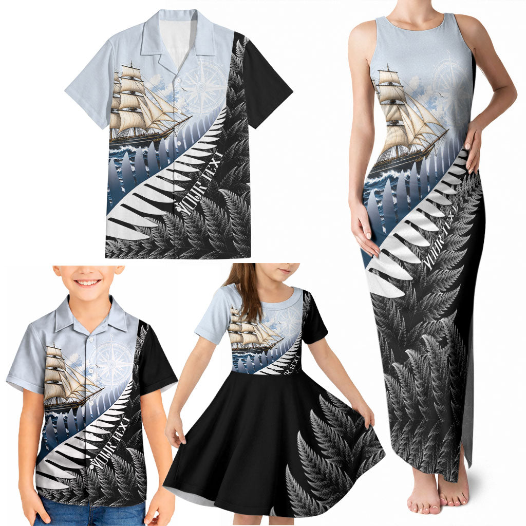 Personalised New Zealand Pakeha Family Matching Tank Maxi Dress and Hawaiian Shirt Kiwi Silver Fern and Sailing Ship Compass LT14 - Polynesian Pride