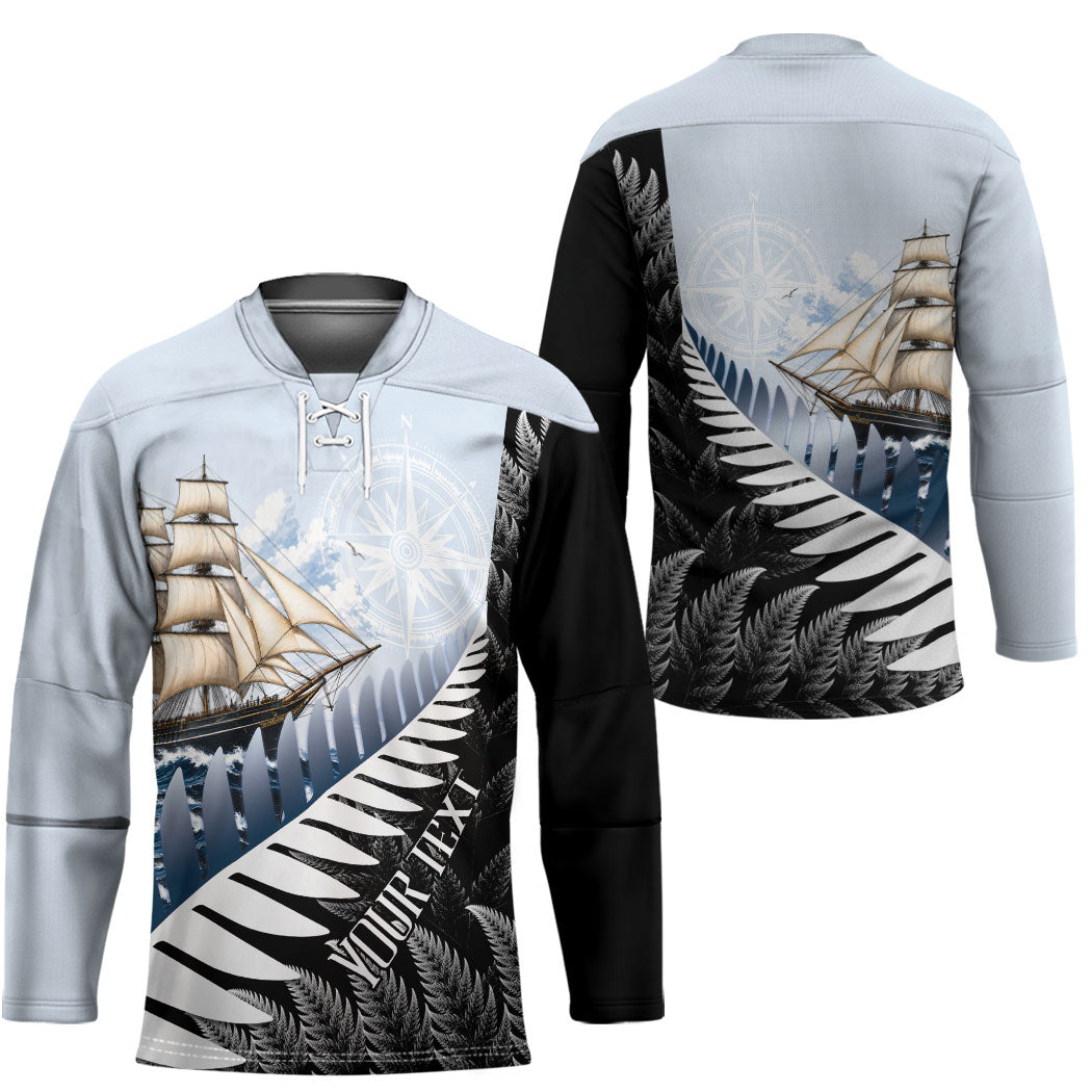 Personalised New Zealand Pakeha Hockey Jersey Kiwi Silver Fern and Sailing Ship Compass