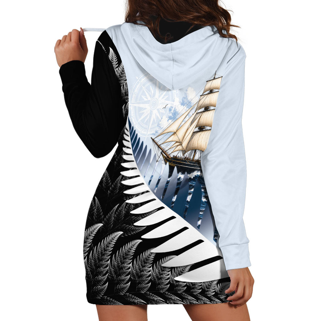 Personalised New Zealand Pakeha Hoodie Dress Kiwi Silver Fern and Sailing Ship Compass