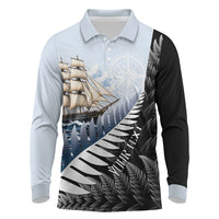 Personalised New Zealand Pakeha Long Sleeve Polo Shirt Kiwi Silver Fern and Sailing Ship Compass