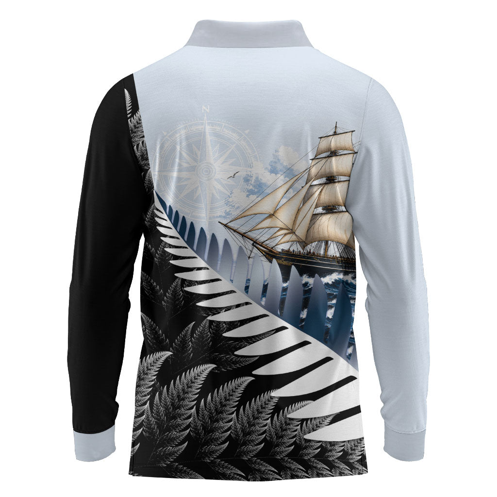 Personalised New Zealand Pakeha Long Sleeve Polo Shirt Kiwi Silver Fern and Sailing Ship Compass