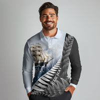Personalised New Zealand Pakeha Long Sleeve Polo Shirt Kiwi Silver Fern and Sailing Ship Compass