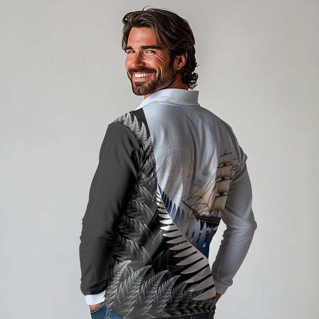 Personalised New Zealand Pakeha Long Sleeve Polo Shirt Kiwi Silver Fern and Sailing Ship Compass