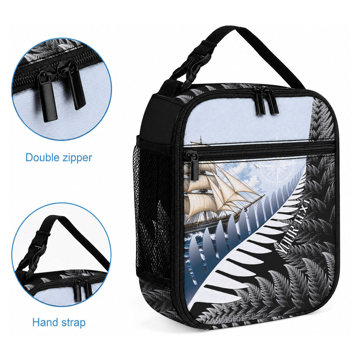 Personalised New Zealand Pakeha Lunch Bag Kiwi Silver Fern and Sailing Ship Compass