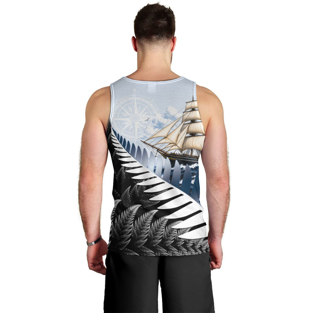 Personalised New Zealand Pakeha Men Tank Top Kiwi Silver Fern and Sailing Ship Compass