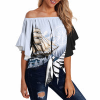 Personalised New Zealand Pakeha Off Shoulder Wrap Waist Top Kiwi Silver Fern and Sailing Ship Compass