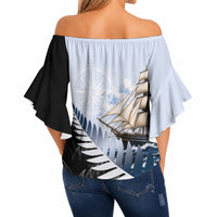 Personalised New Zealand Pakeha Off Shoulder Wrap Waist Top Kiwi Silver Fern and Sailing Ship Compass