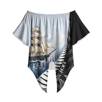 Personalised New Zealand Pakeha Off Shoulder Wrap Waist Top Kiwi Silver Fern and Sailing Ship Compass