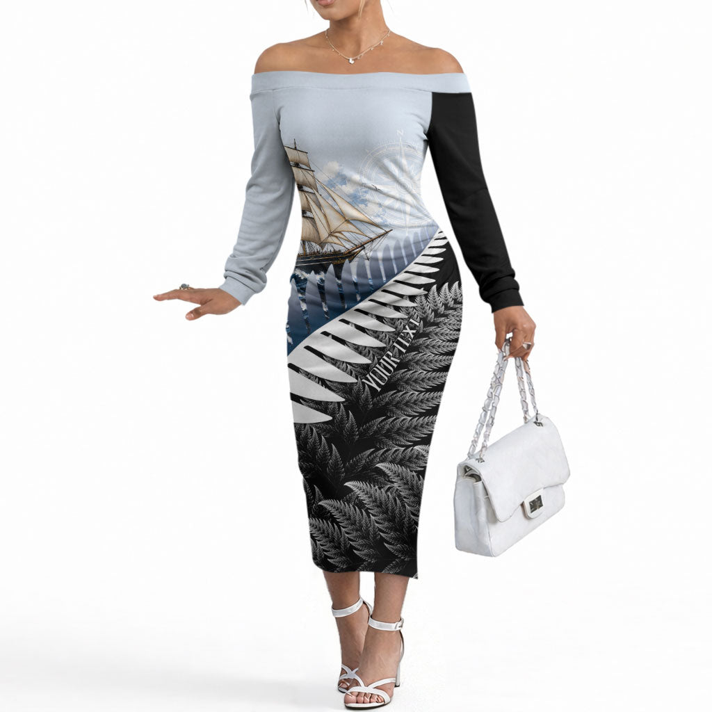 Personalised New Zealand Pakeha Off The Shoulder Long Sleeve Dress Kiwi Silver Fern and Sailing Ship Compass