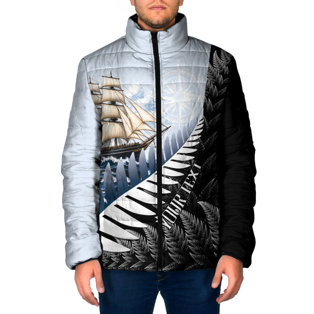 Personalised New Zealand Pakeha Padded Jacket Kiwi Silver Fern and Sailing Ship Compass