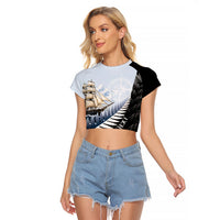 Personalised New Zealand Pakeha Raglan Cropped T Shirt Kiwi Silver Fern and Sailing Ship Compass