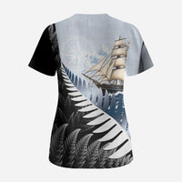Personalised New Zealand Pakeha Scrub Top Kiwi Silver Fern and Sailing Ship Compass