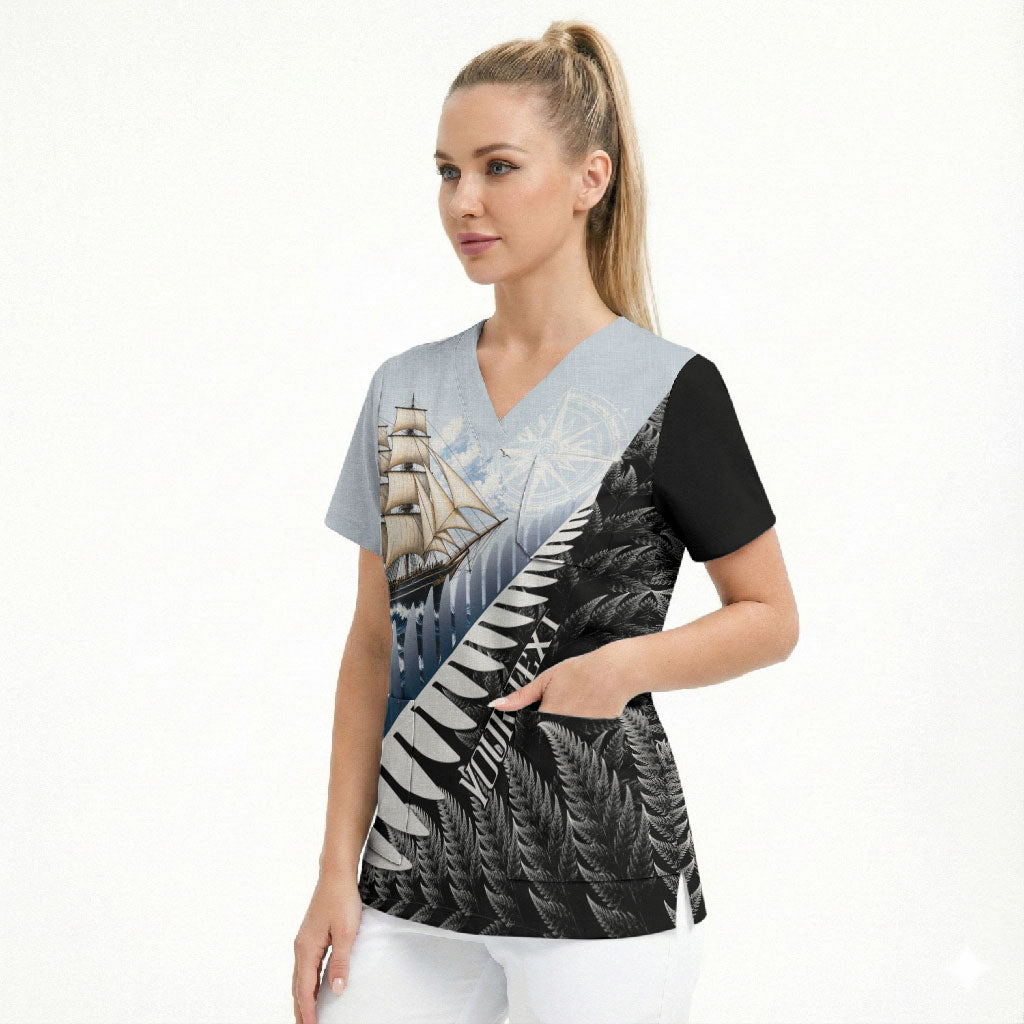 Personalised New Zealand Pakeha Scrub Top Kiwi Silver Fern and Sailing Ship Compass