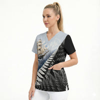 Personalised New Zealand Pakeha Scrub Top Kiwi Silver Fern and Sailing Ship Compass