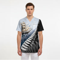Personalised New Zealand Pakeha Scrub Top Kiwi Silver Fern and Sailing Ship Compass