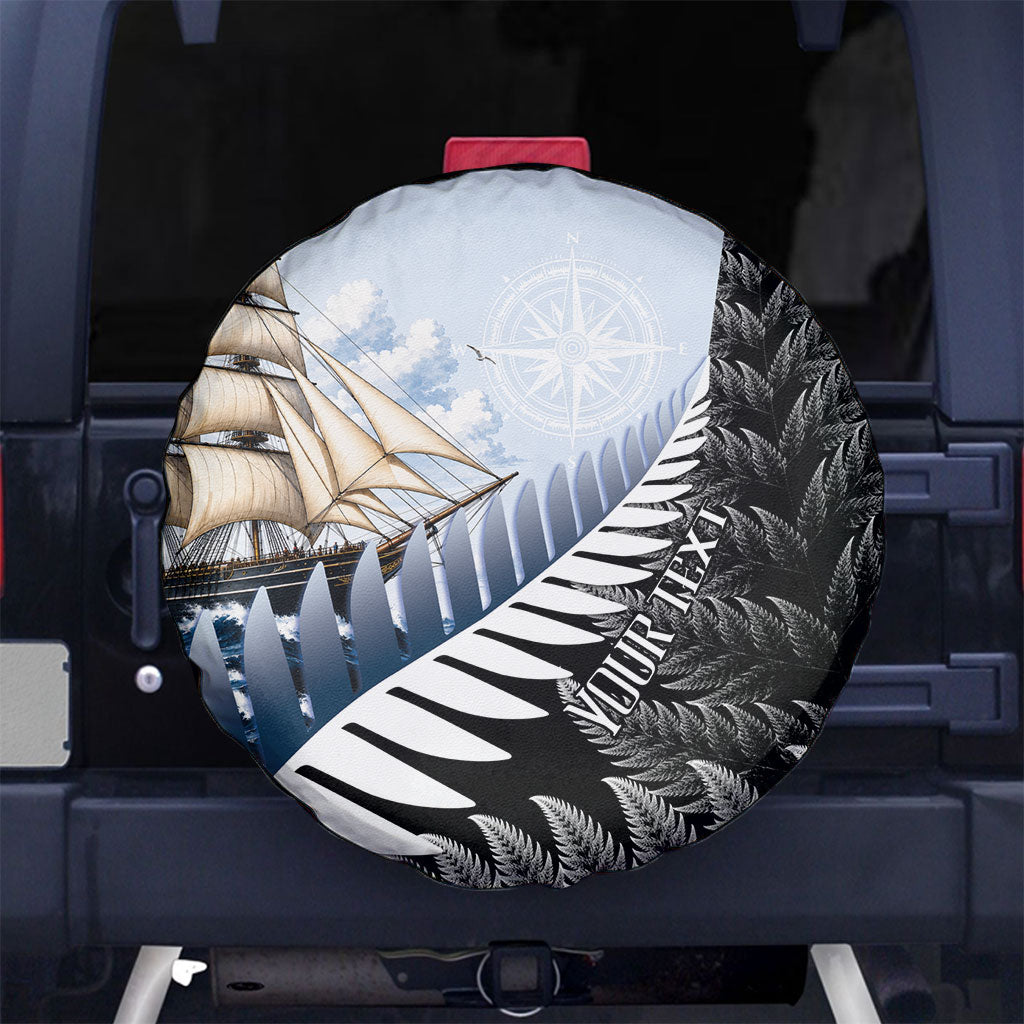 Personalised New Zealand Pakeha Spare Tire Cover Kiwi Silver Fern and Sailing Ship Compass