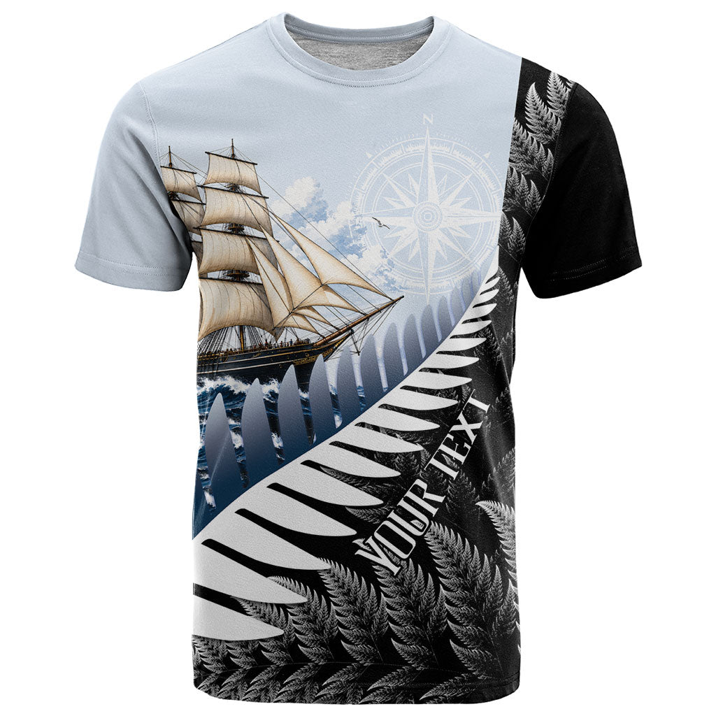 Personalised New Zealand Pakeha T Shirt Kiwi Silver Fern and Sailing Ship Compass