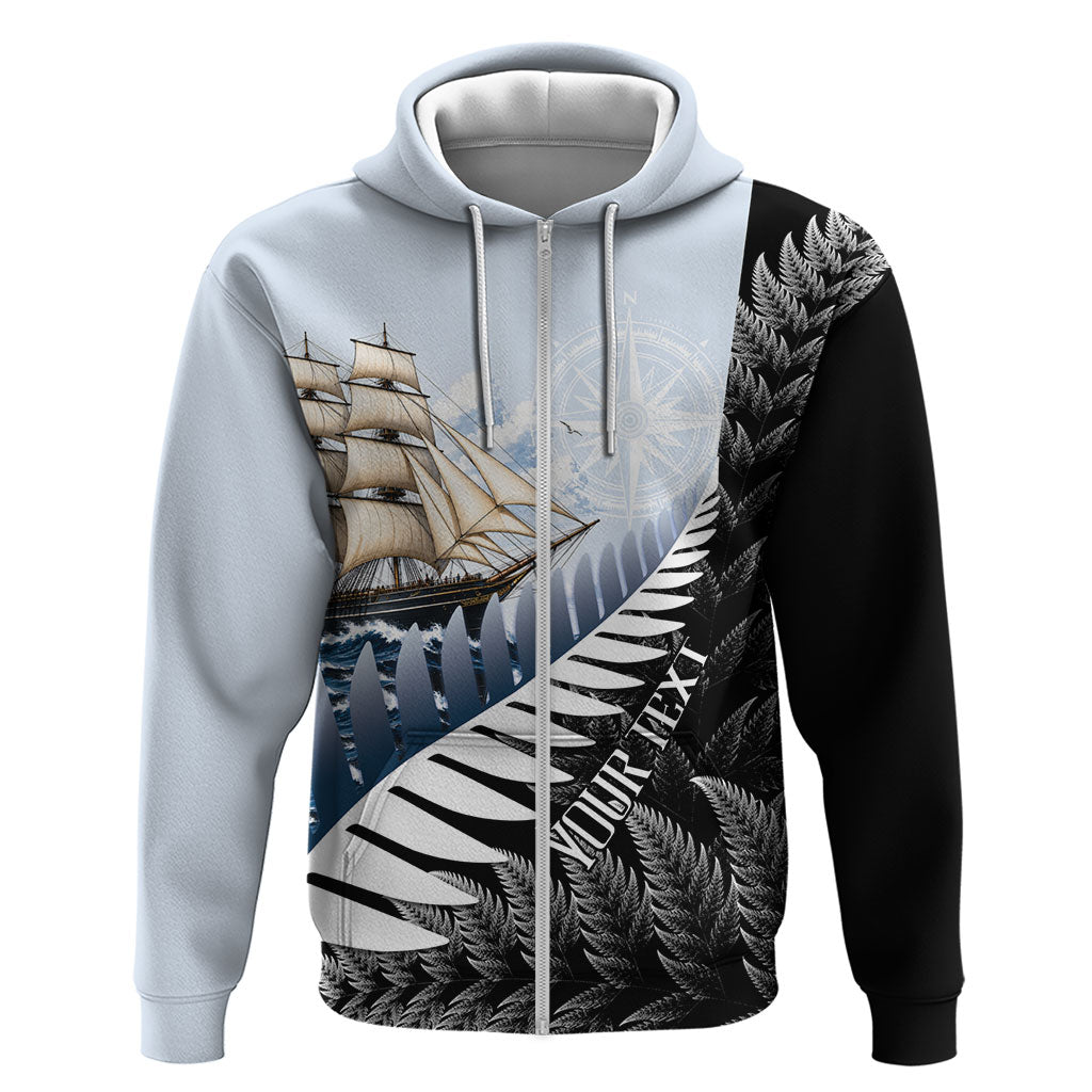 Personalised New Zealand Pakeha Zip Hoodie Kiwi Silver Fern and Sailing Ship Compass