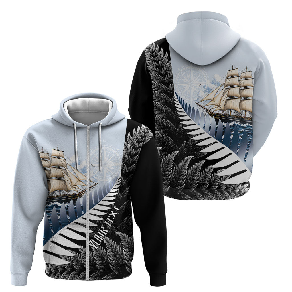 Personalised New Zealand Pakeha Zip Hoodie Kiwi Silver Fern and Sailing Ship Compass