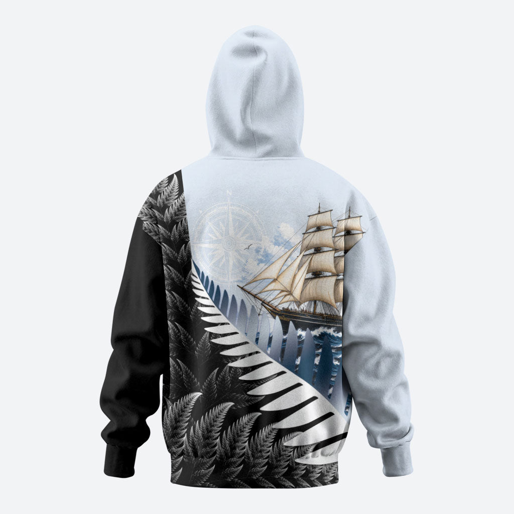 Personalised New Zealand Pakeha Zip Hoodie Kiwi Silver Fern and Sailing Ship Compass