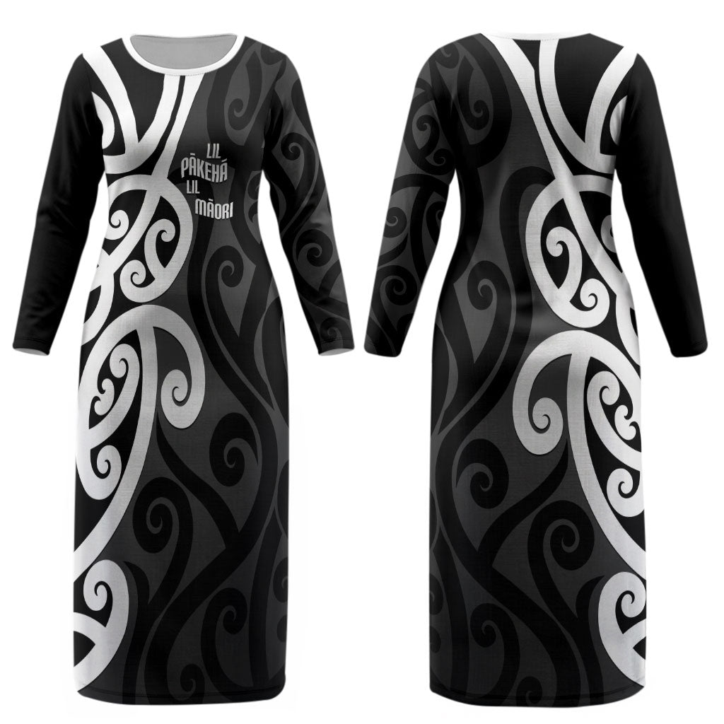 Lil Pakeha Lil Maori New Zealand Couples Matching Long Sleeve Bodycon Dress and Hawaiian Shirt Kiwi Proud Mangopare Pattern