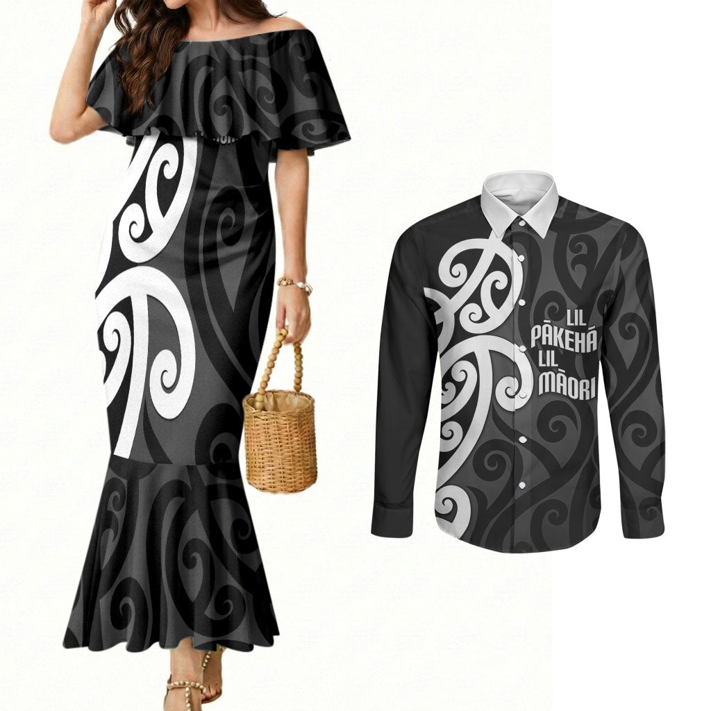 Lil Pakeha Lil Maori New Zealand Couples Matching Mermaid Dress and Long Sleeve Button Shirt Kiwi Proud Mangopare Pattern