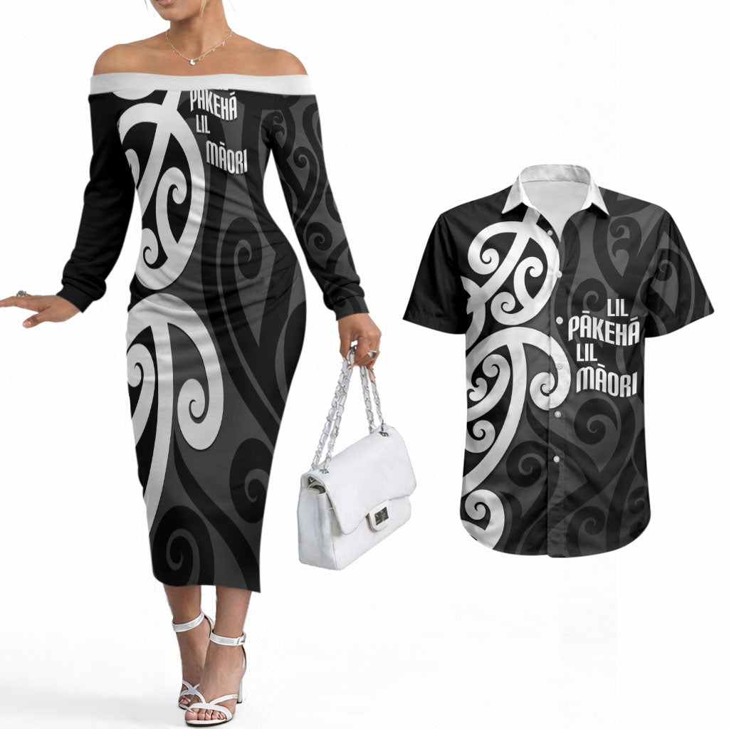 Lil Pakeha Lil Maori New Zealand Couples Matching Off The Shoulder Long Sleeve Dress and Hawaiian Shirt Kiwi Proud Mangopare Pattern